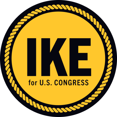 A circular logo with black text on a yellow background, bordered by a nautical rope. The main text says "IKE FOR U.S. CONGRESS"